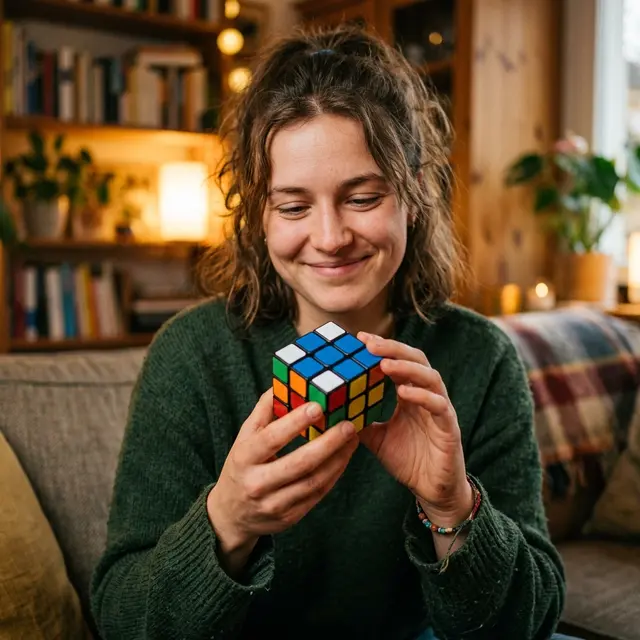 A person smiling while holding a solved Rubik's Cube