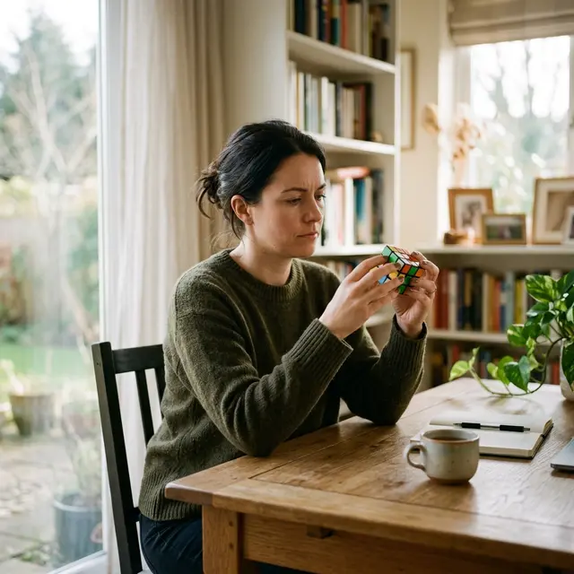 A person holding a Rubik's Cube at eye level, looking thoughtfully at the unsolved puzzle