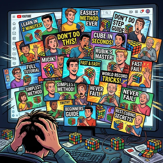 A YouTube search results page showing dozens of conflicting Rubik's Cube tutorials