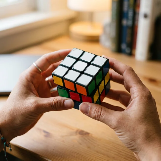 A beginner holding a Rubik's Cube with the first layer solved