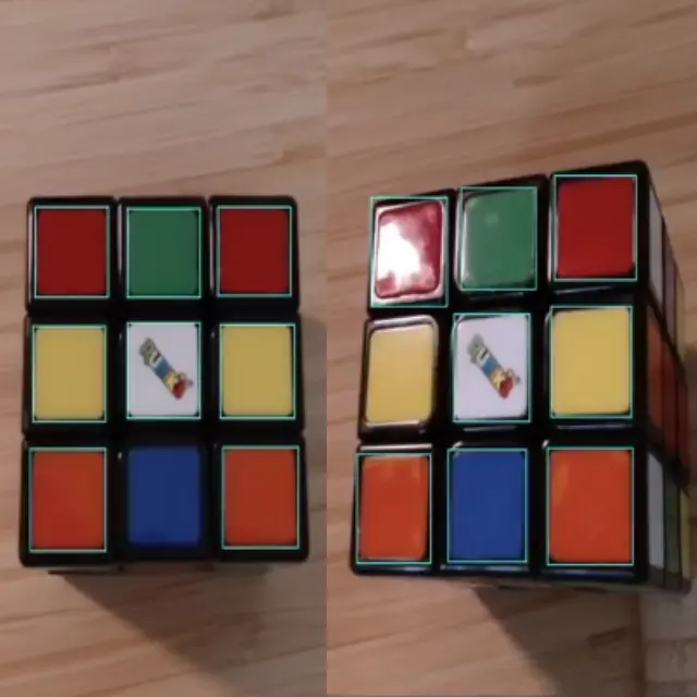 Two photos side by side: left shows a cube in near-darkness with no green frame; right shows a cube with glare from a direct lamp on one tile