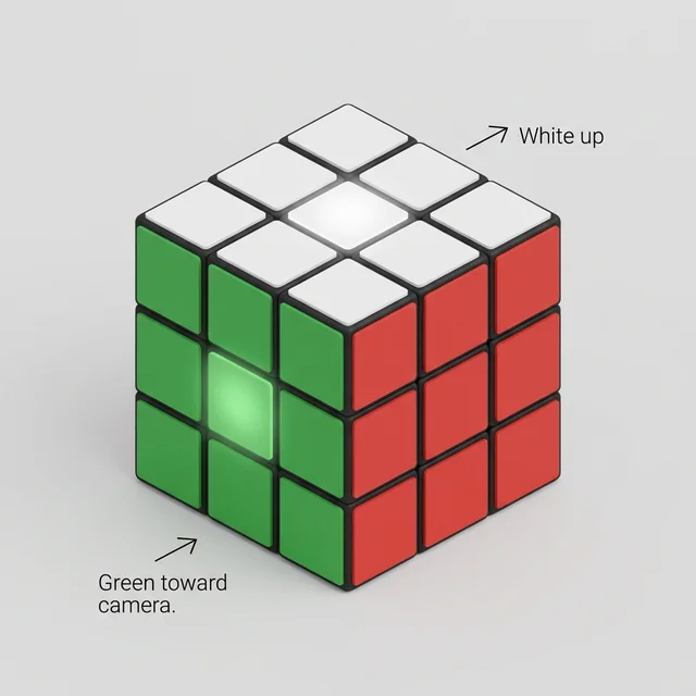 Diagram showing correct starting orientation: white on top, green in front, with labeled arrows