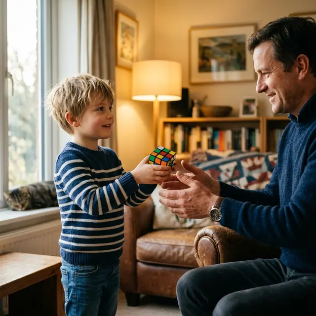 A child handing a scrambled Rubik's Cube to a parent