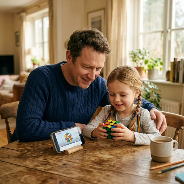 A parent and child looking at a screen together with a Rubik's Cube in hand