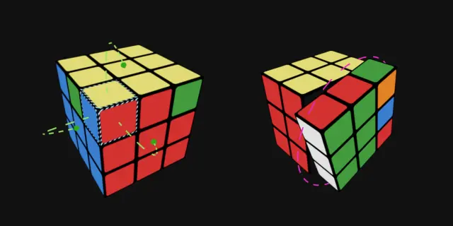 CubeUnstuck guiding through the last layer with highlighted pieces and rotation halo