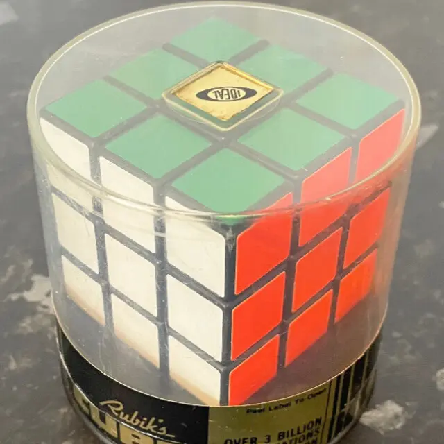 An original 1980 Rubik’s Cube in its packaging