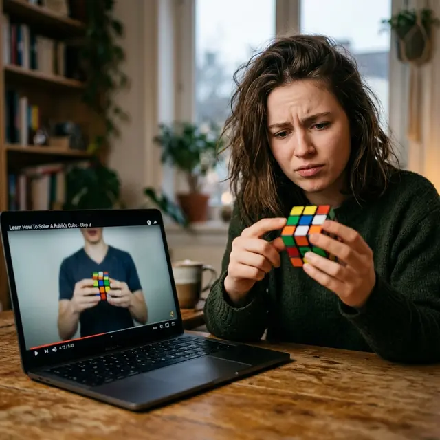 A person watching a Rubik's Cube tutorial on a laptop, looking confused, with an unsolved cube in their hands