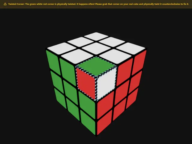 CubeUnstuck app detecting a twisted corner on a Rubik's Cube