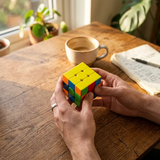 Close-up of hands holding a Rubik's Cube with a confused expression, focusing on the unsolved top layer